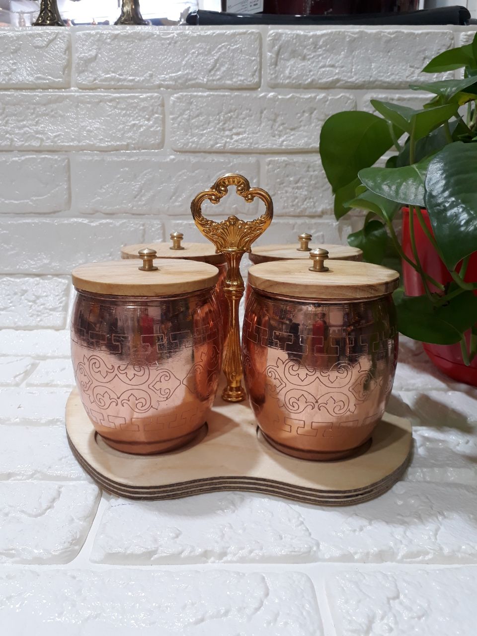 جا ادویه اپل مسی درب چوبی چهارتایی